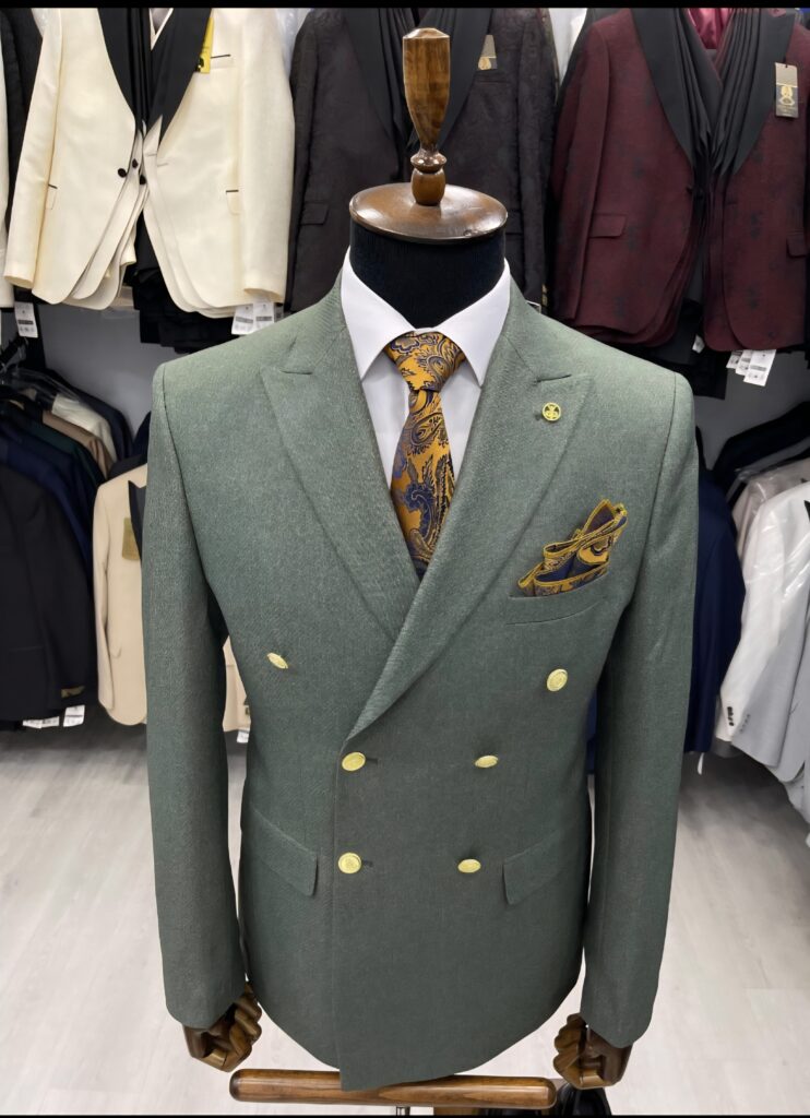 Green double-breasted blazer.