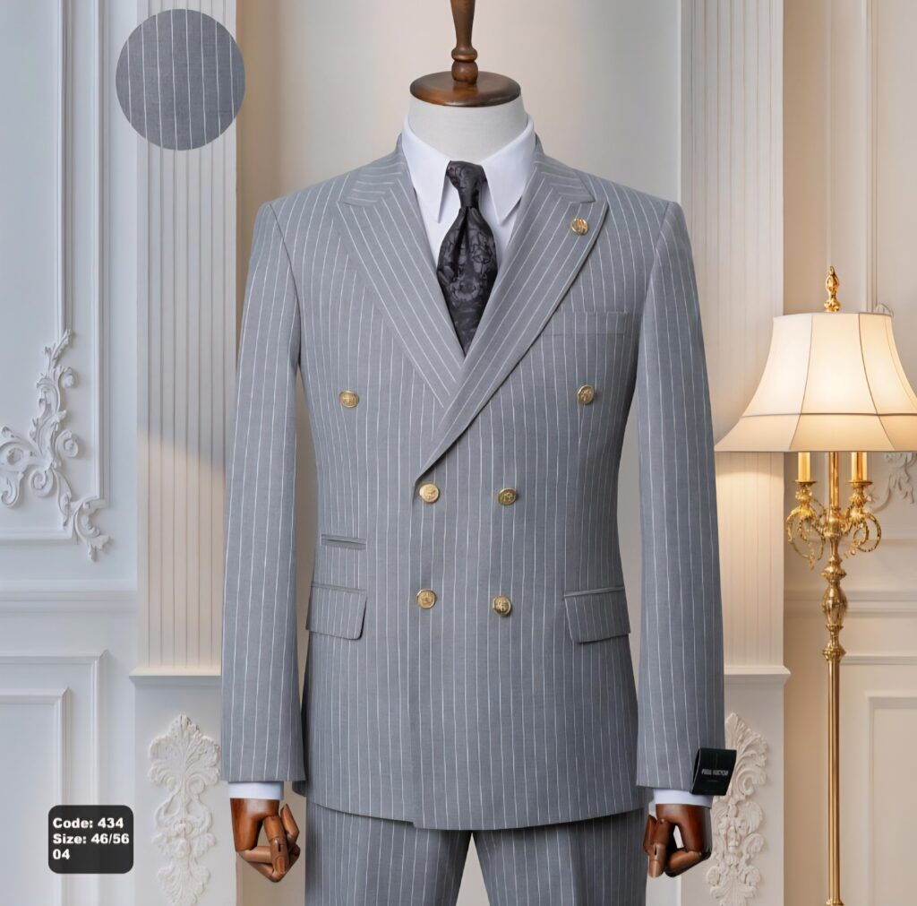 Light Grey Double-Breasted Pinstripe Suit