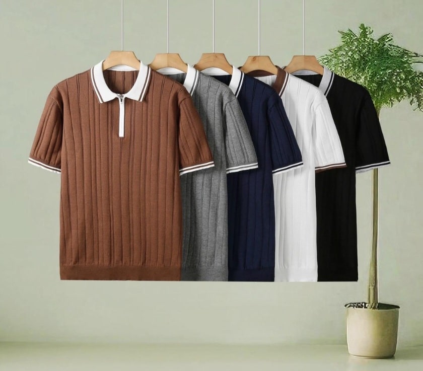 Premium Men's Vertical-Rib Knitted Zip Polo